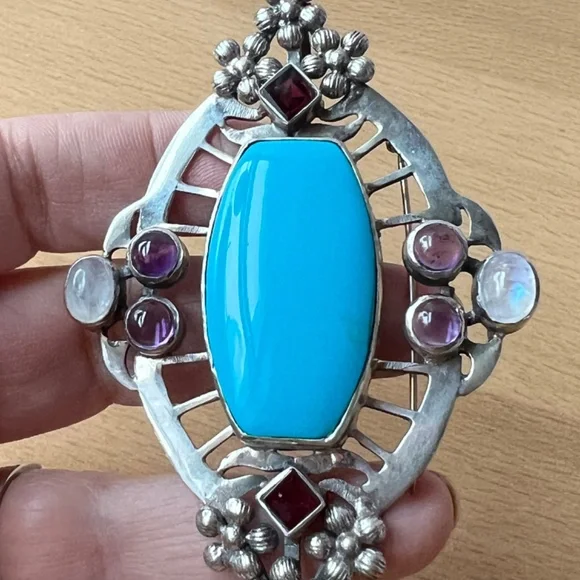 HUGE VINTAGE TURQUOISE AMETHYST GARNET MOONSTONE PENDANT PIN BROOCH 925STERLING